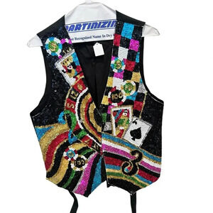 Vintage Black Embellished Casino Vest Sequins Beaded  
Large